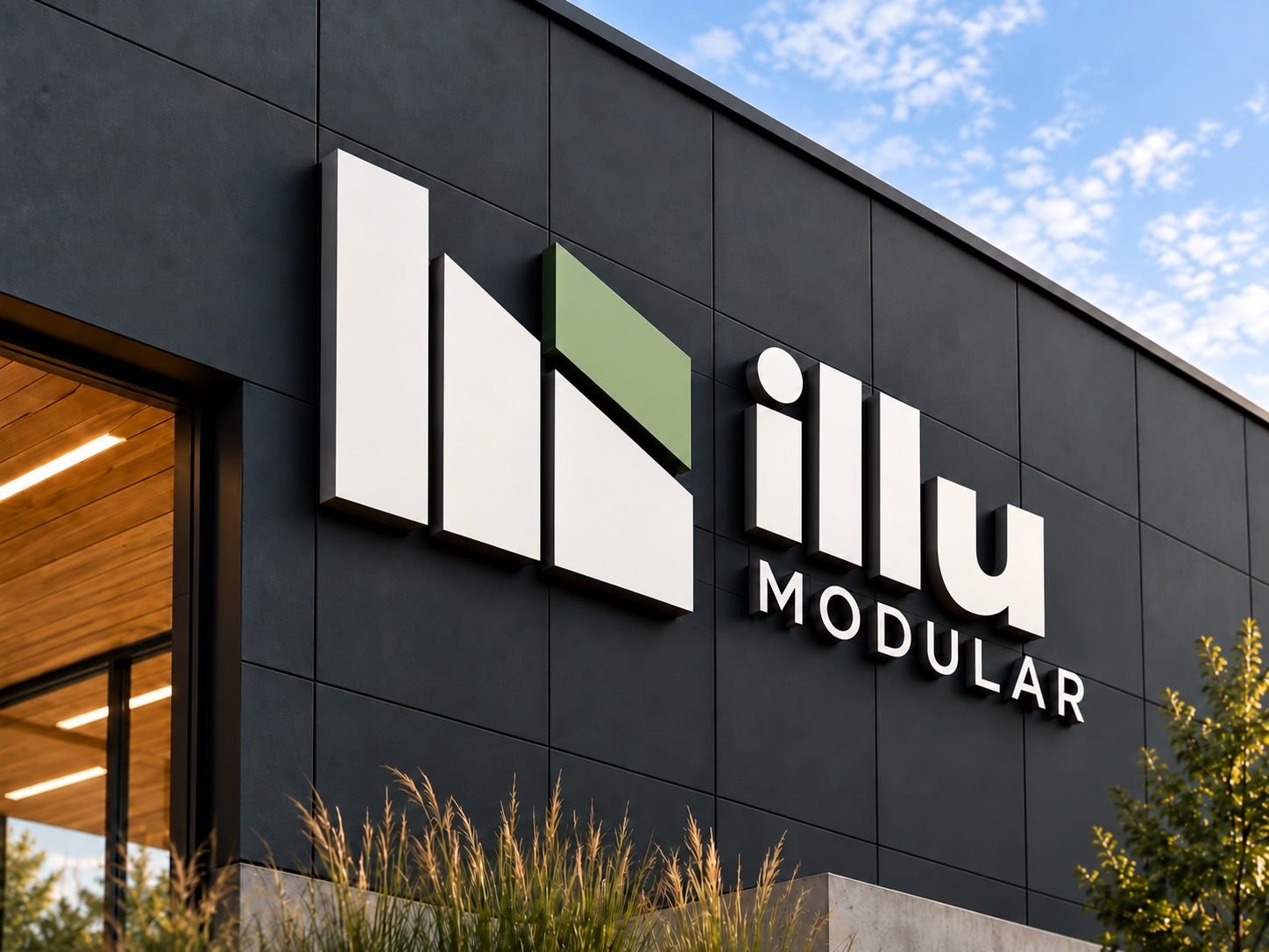 Illu Modular signage on a dark-clad building