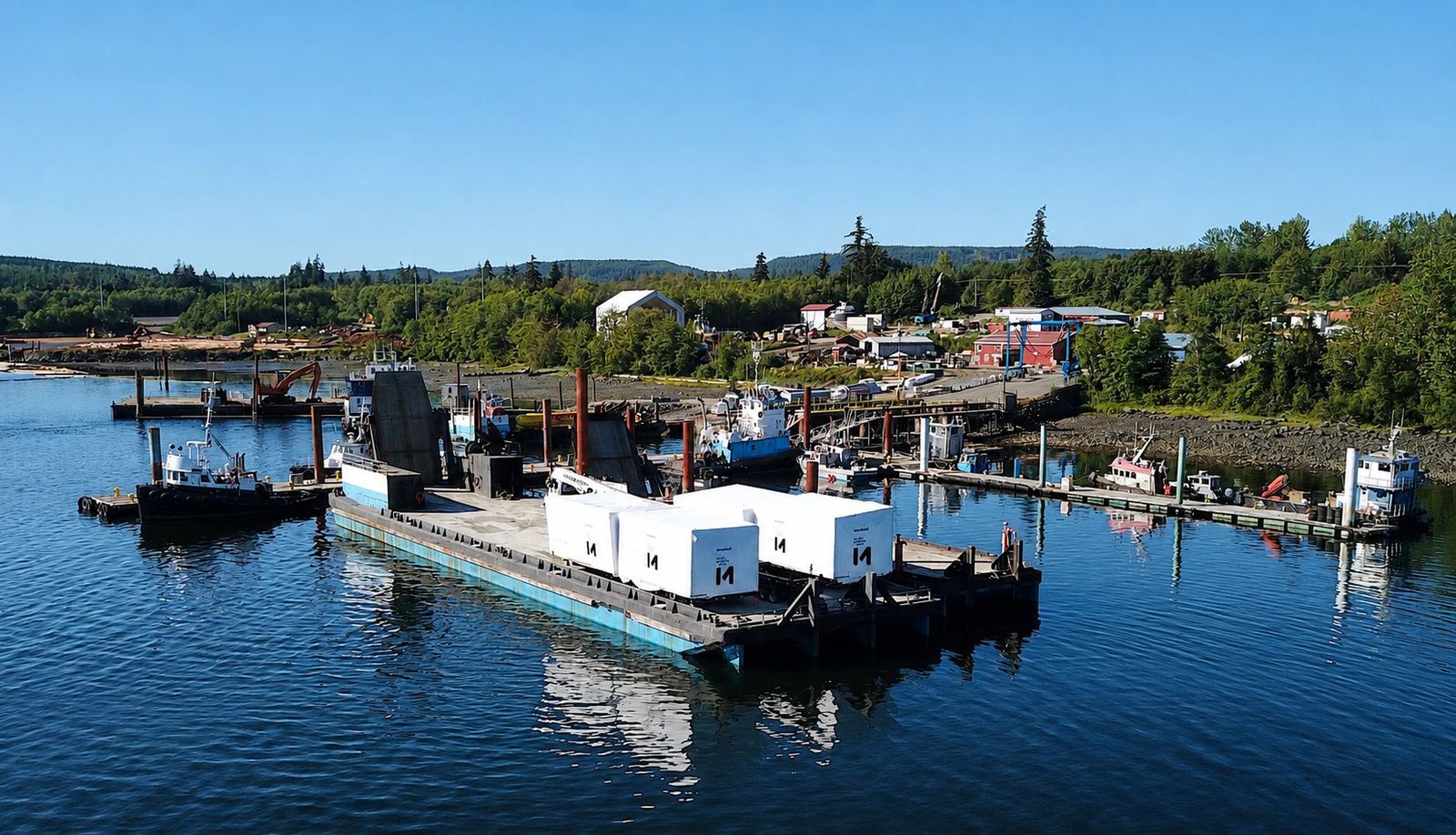 Four finished modules on a barge along the BC coast